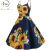 Kleid Sommer Damen Kleid Sexy Sonnenblumen Print Tunika Strandkleid Sommerkleid Weiß Spaghettiträger Swing Vintage Rockabilly Kleider