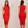 Casual Dresses Fashion Women Dress Sexy Slim Red Black Pink Knitted Standing Collar Split Evening Club Party Bandage