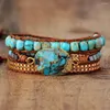 Bracelets de charme Bracelet turquoise coupé bohème pour femmes rétro style ethnique trois couches enroulement tissé à la main corde en cuir Boho bijoux