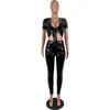 Kvinnors tvåbitar byxor Crop Leather Tops 2 byxuppsättningar 2024 Women Winter Fall Club Wear Y2K Streetwear Sexiga eleganta uppsättningar