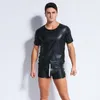 Men's T Shirts Sexy Faux Leather Short Sleeve Lace Up Men Tops Hip Hop Tight Casual Tees Clubwear Nightclub Erotic Lingeries