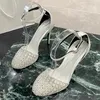 Kristall-verkrustete Stiletto-Fersen Sandalen Knöchelgurt Seidenspulen Pumpen Frauenparty Abendschuhe Designer Hochschuhfabrik Schuhe 35-42