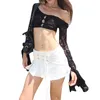 T-shirts Femmes Chqcdarlys Femmes Manches longues Mesh Crop Top Y2K Dentelle Sweetheart Cou Dos Nu Sexy Slim Fit Tops Streetwear