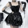 Casual klänningar goth svart spets trim ärmlös parti vestido y2k sexig estetisk snörning bandage lolita smal kort miniklänning kvinnor