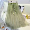 스커트 Tigena Korean Sweet Bow Belt Long Tulle Skirt For Women 2024 Spring Summer Casual Solid A Line High Waist Mesh Female Pink