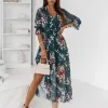 Dresses Retro Long Dress Women Summer Deep Vneck Elegant Print Side Splits Half Sleeve Boho Dresses Casual Loose Party Big Hem Dress