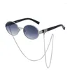 Solglasögon liten metallram oval för kvinnor UV400 med kedja estetiska märkesdesigner futuristiska unisex sommarglasögon