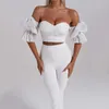 Calças femininas de duas peças branco laço malha bandagem conjunto mulheres 2024 sexy fora do ombro sem alças colheita top flare festa elegante terno outfits