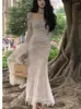 Casual Dresses Women's Lace Midi Dress Långärmning Square Collar Up Bodycon Mermaid Autumn Winter Evening Party Prom Robe Vestidos Mujer