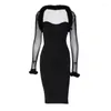 Casual Dresses Black Women's Bodycon Dress Fur Collar Mesh Cardigan Fashion 2024 Summer Sexy Cocktail Party Evening Hollow Out Midi