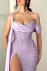 Sexy lilac hoge dij split avondjurken met plooien ruches trein sweetheart pailletten kralen lange vrouwen ocn prom party jurk bc16734