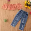 Barnflickor Sommarkläder Sätt barn från Shoulder Short Sleeve Floral Tops Ripped Denim Pants Baby Casual Outfits