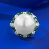 Cluster Rings Springlady 925 Sterling Silver 12mm Pearl Lab Sapphire Emerald Gemstone Ring for Women Wedding Engagement Fine SMEEXKE GENTER