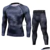 Homens camisetas Homens Camisetas Calças Set 2 Peça Mens Sportswear Compressão Terno Corredores Fitness Camada Base Camisa Leggings Rashguar Dhhyj