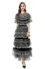 Women's Runway Dresses O Neck Short Sleeves Sexy Tulle Laid Over Tiered Ruffles Dots Printed Elegant Designer Party Prom