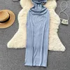 Casual Jurken Zomer Sexy Lace Up Halter Swingende Kraag Mouwloze Bodycon Lange Jurk Voor Vrouwen Solid Bandage Open Rug Slim Club Party