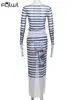 Work Dresses Habbris Blue Stripe Mesh 2 Two Piece Skirt Set Vacation Beach For Women 2024 Long Sleeve Bodycon Crop Top Mixi Split