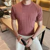 Men's T-Shirts British style Summer Solid Short Sleeve Knitted T-shirt Men Fashion O-Neck Stripe Slim Fit Tee High Quality Men Clothing 6Colors Q240220