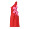 カジュアルドレスYenkye Summer Women Sexy Hollow Out Red Impommetric Flower Print Dress Midi Vestidos