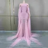 Stage Wear Pink Pearls Rhinestones Dress Women Singer Party Trailing Dresses Birthday Celebrate Costume Wedding Gown XS7440
