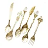 Dinnerware Sets 6pcs Vintage Spoons Fork Mini Metal Real Style Carved Gold Coffee Fruit Prikkers Dessert Kitchen Tool Teaspoon 1 Set