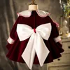 Girl Dresses 2024 Wine Red Flower Dress For Wedding Long Sleeve Baby Girls Christmas Clothing Kid's 1st Year Birthday Party Infant Gown