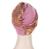 Roupas étnicas Mulheres Glitter Lantejoulas Turbante Chapéu Moda Bonnet Nó Cor Sólida Hijab Chemo Cap Head Wraps Elegante Lenço Elástico