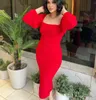 African Sexy Red Sheath Cocktail Party Dresses for Women Square Neck Long Sleeves Tea Length Girls Short Prom Dresses Celebrity Evening Gowns Vestidos