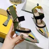 Colorful Embroidery Slingbacks Lace Mesh Beading Designer Sandals Women Slingback Metal High Heels Shoes Dress Bride Shoes Top Mirror Quality Sexy Pointed Toes