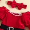 女の子のドレスベビーガールズクリスマス衣装幼児の子供たちのレッドスパンコールスターズぬいぐるみメッシュパーティーボウヘッドバンドクリスマスコスチューム1〜6年