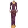 Stage Wear Purple Mesh Strass Robe Sexy Stretch Robes de soirée Femmes Anniversaire Célébrer Costume Catwalk Festival Outfit XS6300