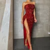 Sparkly Red Sexy Sheath Prom Dresses Long For Women Strapless Sequined Side Split Formal Ocns Evening Birthday Party Second Reception Pageant Gowns mal