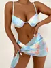 Kvinnors badkläder Sexig slipsfärgad dye Underwired Bh Cup Bikini Kvinnor Swimsuit Kvinna Tre stycken Set Sarong Push Up Bathing Suit Swim