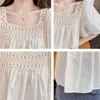 Kvinnors blusar 2024 Summer Korean Fashion Pure Cotton Hollow Out Blus Ladies Literary Vintage Pullover Tops Women Puff Short Sleeve Shirt