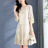 Dresses Elegant Party Dresses For Women 2023 Summer Oneck Lantern Sleeve Women's Vintage Dress Aline 60% Real Silk Woman Fashion Dress