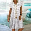 Klänningar 2023 Kvinnors sommarklänning Elegant Bohemian Loose V Neck Short Sleeve Heart Printed Dresses Ladies Clothing Sundress