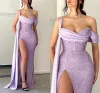 Sexy lilac hoge dij split avondjurken met plooien ruches trein sweetheart pailletten kralen lange vrouwen ocn prom party jurk bc16734