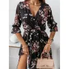 Vestidos retro vestido longo feminino verão profundo decote em v elegante impressão lateral divide meia manga boho vestidos casuais soltos festa grande bainha vestido