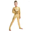 Stage Wear Ragazze Metallico Lucido Unitard Staffe Danza Ginnastica Body Ragazzi Manica Lunga Costumi di Prestazione 2024