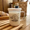 Tasses Tasse d'ours de dessin animé mignon tasse à café en verre d'eau transparente avec couvercle en silicone 450Ml gobelet à lait en Borosilicate cadeaux de noël