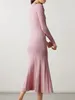 Casual Dresses Pink Knit Midi Dress Turn-Down Collar Pockets Spring Slim Elegant Female Long Sleeve Robe With Buttons