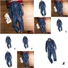 Mäns jeans herrar jeans 2023 Vår- och höstens overaller denim jumpsuits långärmad lapel lös blå last byxor mode arbetskläder tru dhpyx