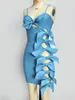 Casual Dresses Women Summer 2024 Sexig Cut Out Blue Bow Tie Bandage Mini Sticked Elegant Evening Club Party Dress