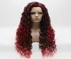 Iwona hår curly long auburn root röd ombre peruk 18333100 halv hand bunden värmebeständig syntetisk spets front wig2562136