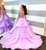 Hot Pink Girl Pageant Dress 2024 Ballgown Beading Organza Straps Neck Little Kid Aniversário Formal Vestido de Festa Criança Adolescentes Pré-adolescente Açúcar Azul Lilás Ruffle Camada Saia