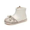 Boots Girls Leather 2024 Winter Children's Plush Short With Bow Knot Korean Style Sweet Princess Elegant Platform