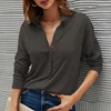 T-shirts pour femmes Mode élégante avec bouton Rib Knit Tunique solide Top Femme Casual Col V Manches longues Lâche All Match Shirt pour les femmes