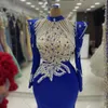 Royal Blue Prom Dresses African Style Mermaid High Neck Long Sleeves Satin Evening Dresses Elegant Pearls Beaded Sequin Birthday Party Gowns Engagement Dress NL545