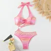 Arxipa sexiga bikinis en bit baddräkt för kvinnor brasiliansk halter hög midje baddräkt vadderad push up beachwear ring solid rosa bling glänsande ihålig ut monokinis