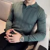 Herrtröjor 2024 vårpolo hals stickad tröja män avslappnad företag fast färg långärmad tröjor mode botten skjorta